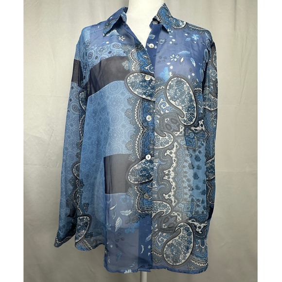 Impressions Tops - Impressions Blue Paisley Sheer Button Down Shirt Womens Large Long Sleeve Floral